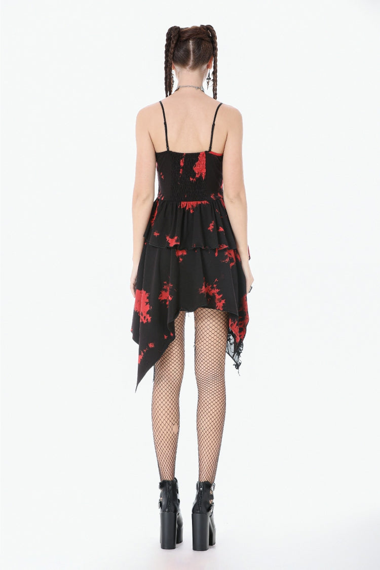 Crimson & Obsidian Sleeveless Irregular Mesh Tie Dye Punk Slip Dress