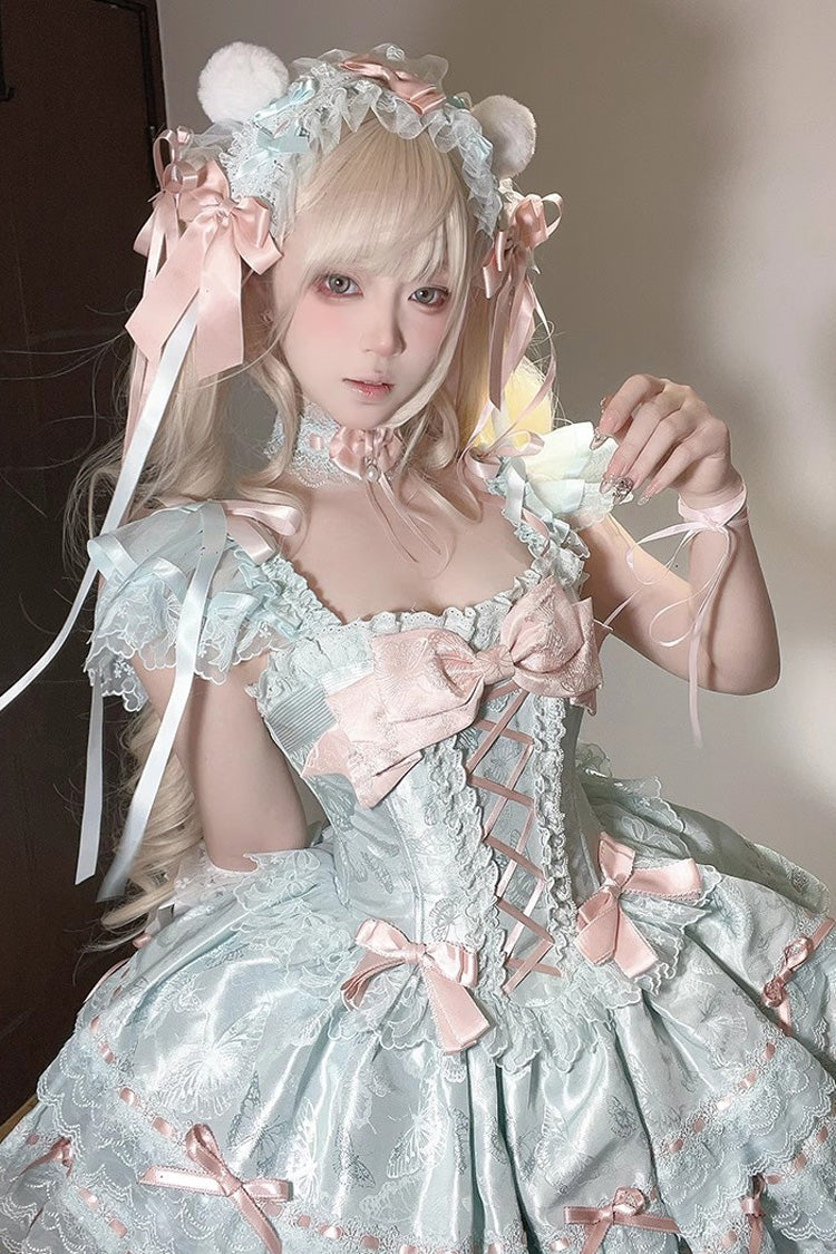 Emerald Sleeveless Ruffle Bow Lace Lace-Up Sweet Elegant Lolita Jumper Dress