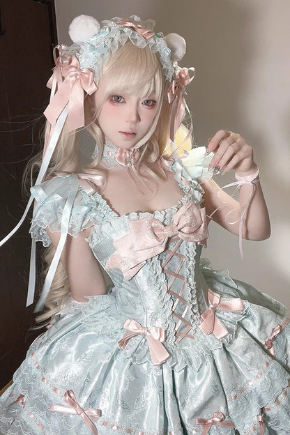 Emerald Sleeveless Ruffle Bow Lace Lace-Up Sweet Elegant Lolita Jumper Dress