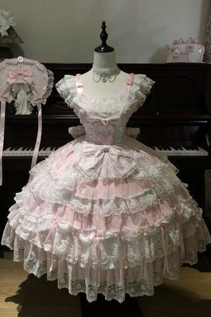 Blush Square Collar Embroidered Lace JSK with Bow