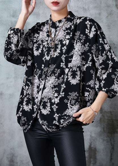 Plus Size Black Stand Collar Print Chiffon Shirts Summer QA1014