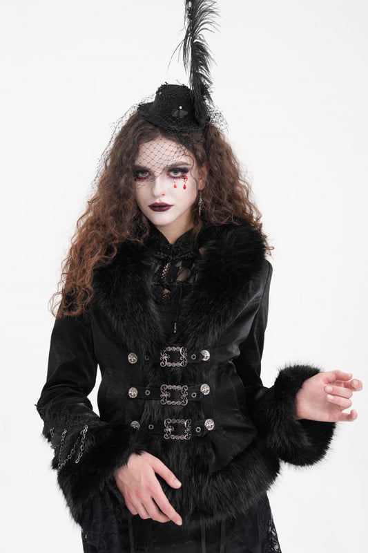 Women's Gothic Jacket with Faux Fur Trim, Chain and Buckle-Up Design