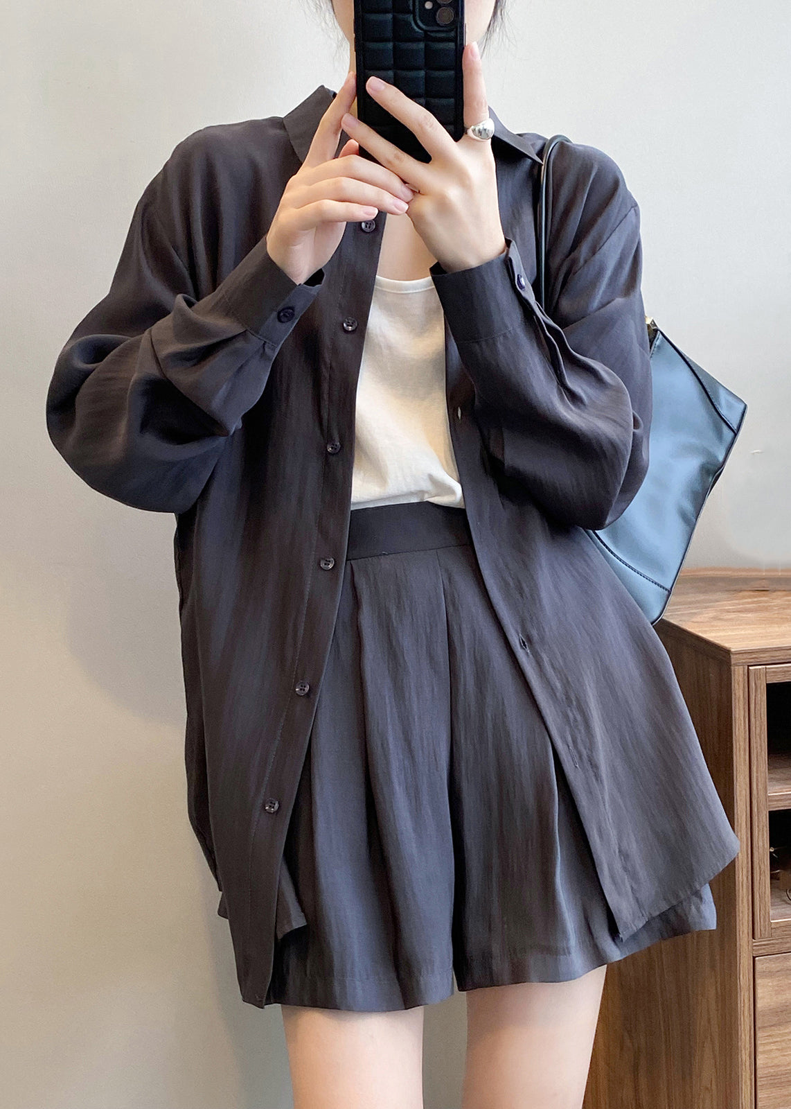 Spring Button Gray Peter Dark Silk Pan Solid Collar Two-Piece Set