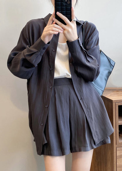 Spring Button Gray Peter Dark Silk Pan Solid Collar Two-Piece Set