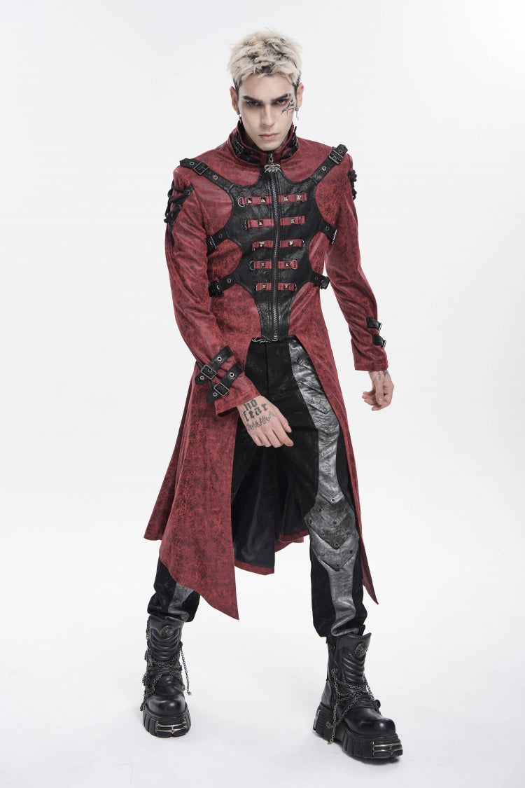 Crimson High-Neck Punk Hooded Jacket with Prints, Studs, and Zippers