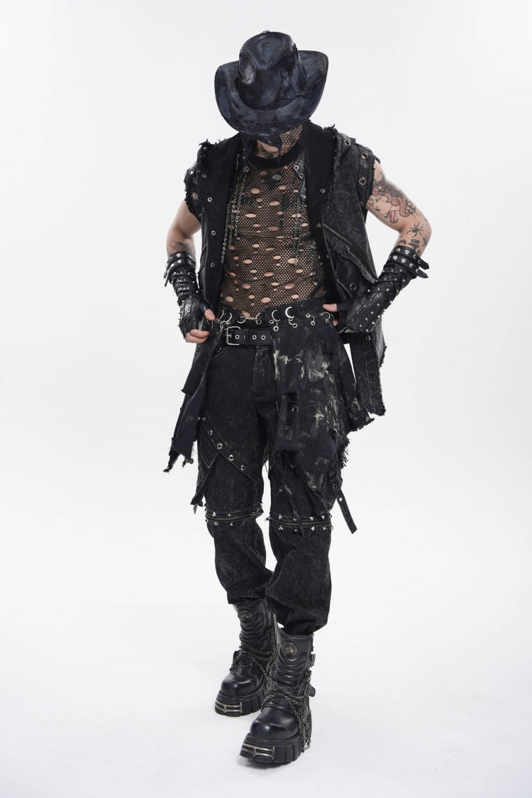 Punk Skirt for Men with Black Irregular Ripped Buckled Pleated Chain Design