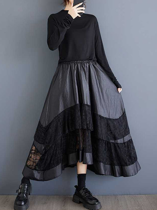 Goth Black Elasticity Layered Irregular Hem Patchwork Lace A-Line Skirt TW023