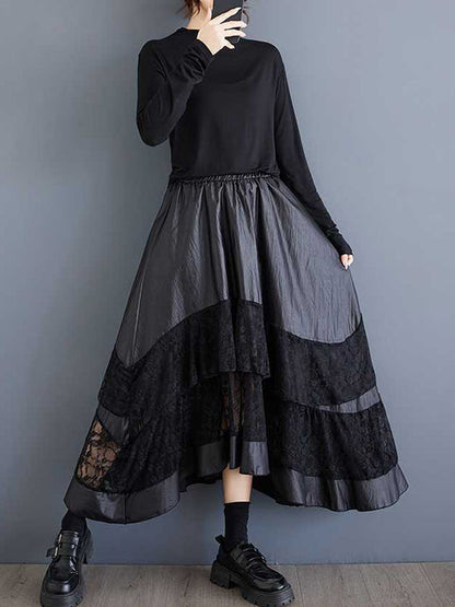 Goth Black Elasticity Layered Irregular Hem Patchwork Lace A-Line Skirt TW023