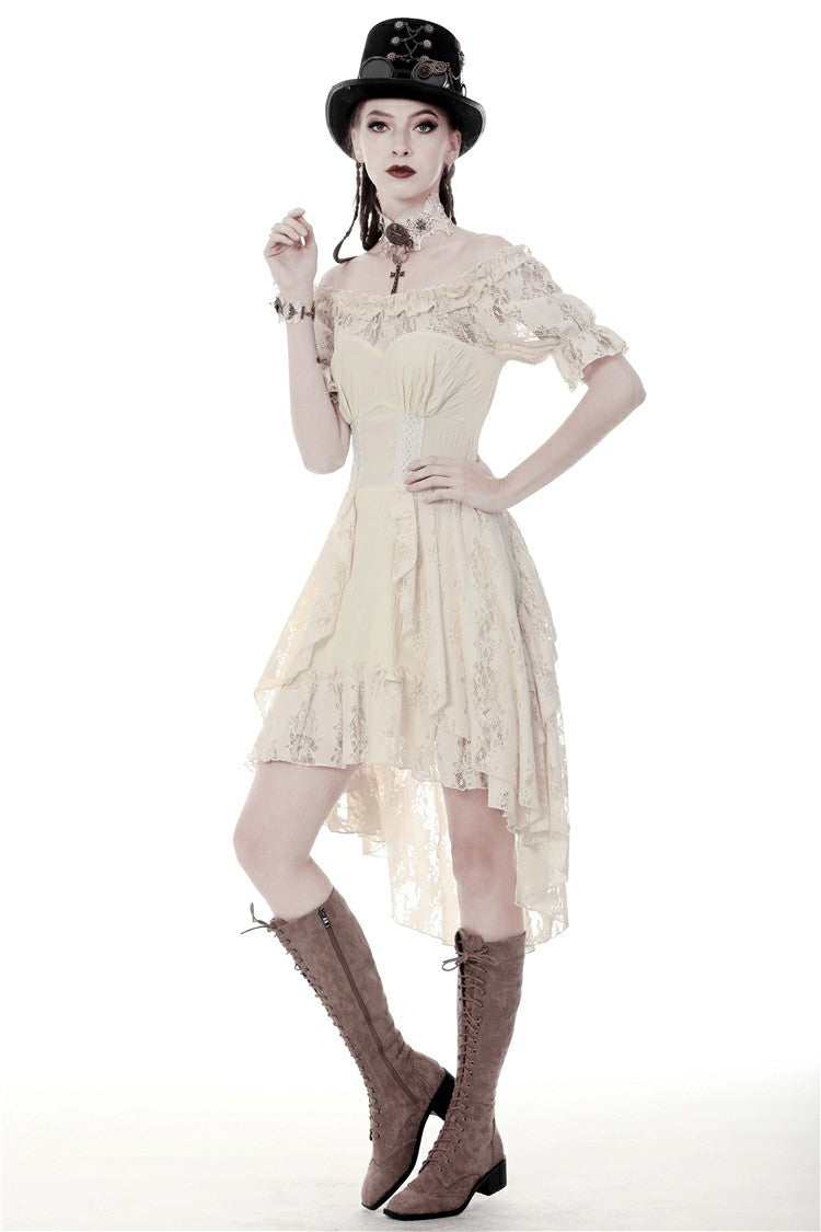 Steampunk Vintage Gorgeous Graduation Gown with Off-Shoulder Ruffles & Ruched Sleeves