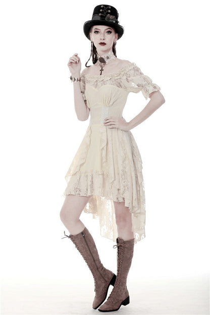 Steampunk Vintage Gorgeous Graduation Gown with Off-Shoulder Ruffles & Ruched Sleeves