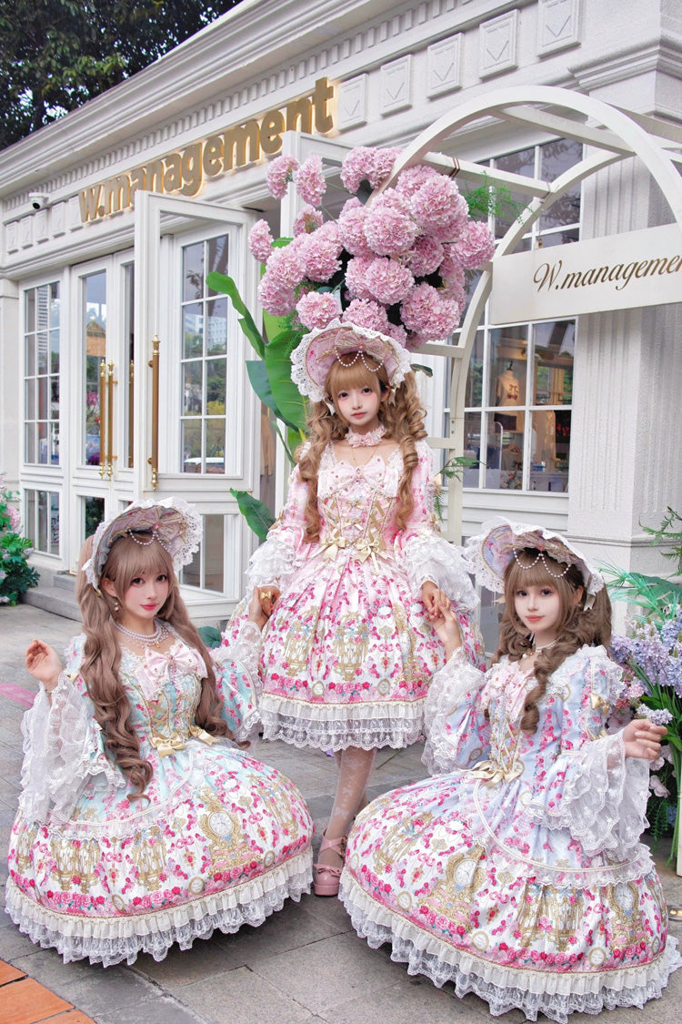 Square Collar Long Trumpet Sleeve Printed Ruffled Bow Lace-Up Sweet Lolita Dress in Mint Green/Pink - Rose Garden Prelude