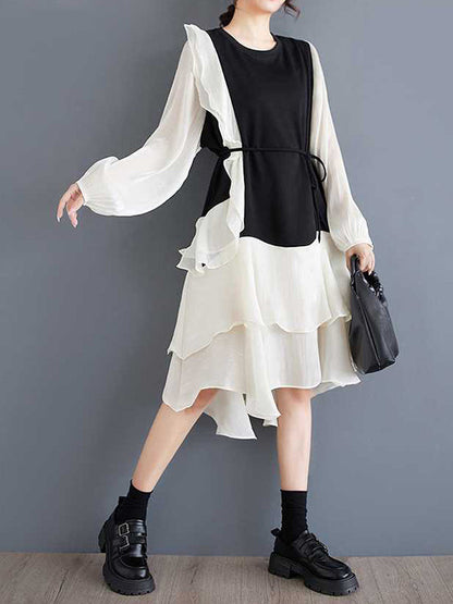 Chic Black Round-Neck Patchwork Contrast Color Ruffle Trim High-Low Long Sleeve Dress TW019