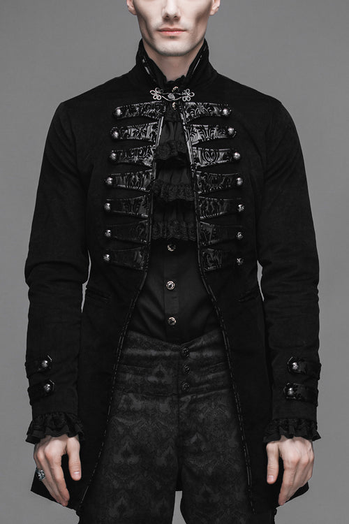 Men's Gothic Coat in Velvet with Embroidered Collar and Faux Two-Piece Style