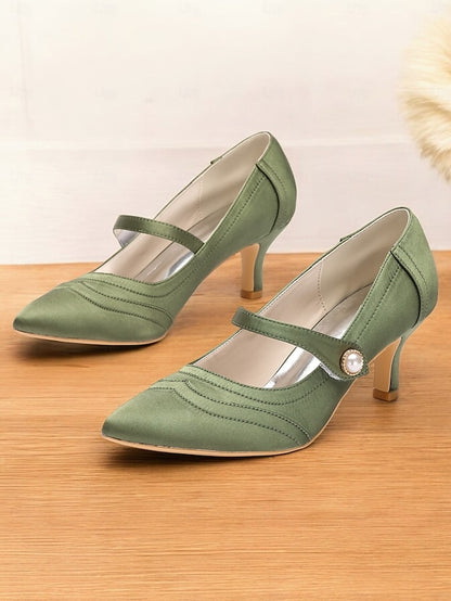 Pearl Button Mary Heels Green - Jane Elegant with Satin