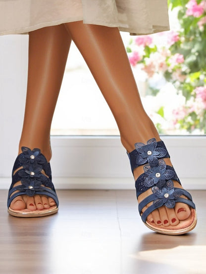 Elegant Women's Beige Floral Rhinestone – Flat Sandals