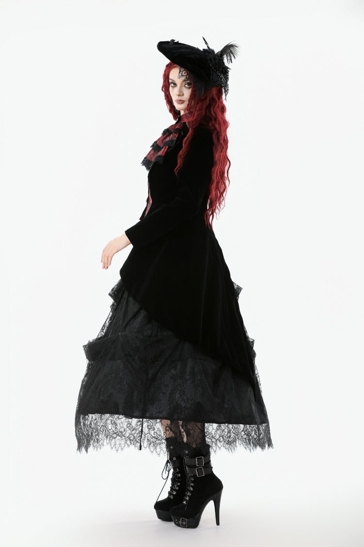Crimson & Charcoal Peak Lapel Long Sleeve Layered Lace Mock Two-Piece Goth Tailcoat