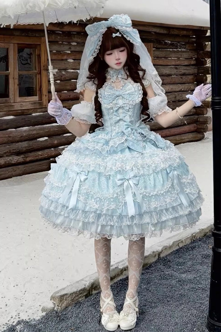 Azure Misty Moon Sleeveless Ruffled Bow Pearl Lace Sweet Princess Lolita Jumper Dress