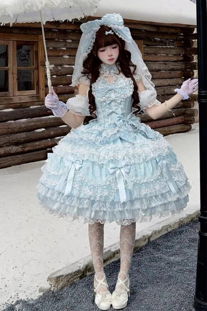Azure Misty Moon Sleeveless Ruffled Bow Pearl Lace Sweet Princess Lolita Jumper Dress