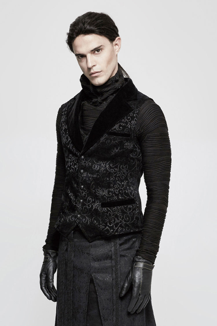 Vintage Gothic Men's Vest with V-Collar Print in Black Jacquard Velvet