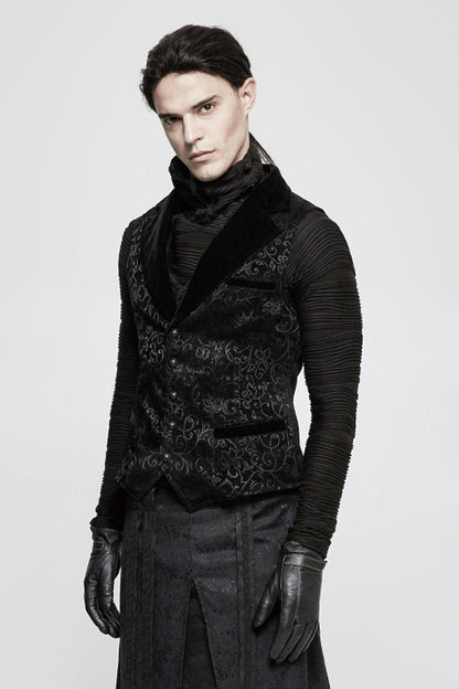 Vintage Gothic Men's Vest with V-Collar Print in Black Jacquard Velvet
