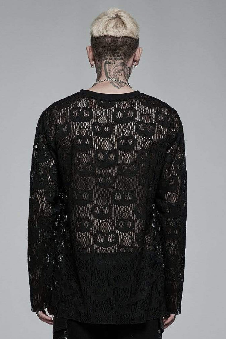 Nocturnal Skull-Print Sheer Mesh Tee for Men with Extended Sleeves
