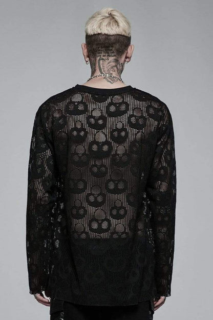 Nocturnal Skull-Print Sheer Mesh Tee for Men with Extended Sleeves
