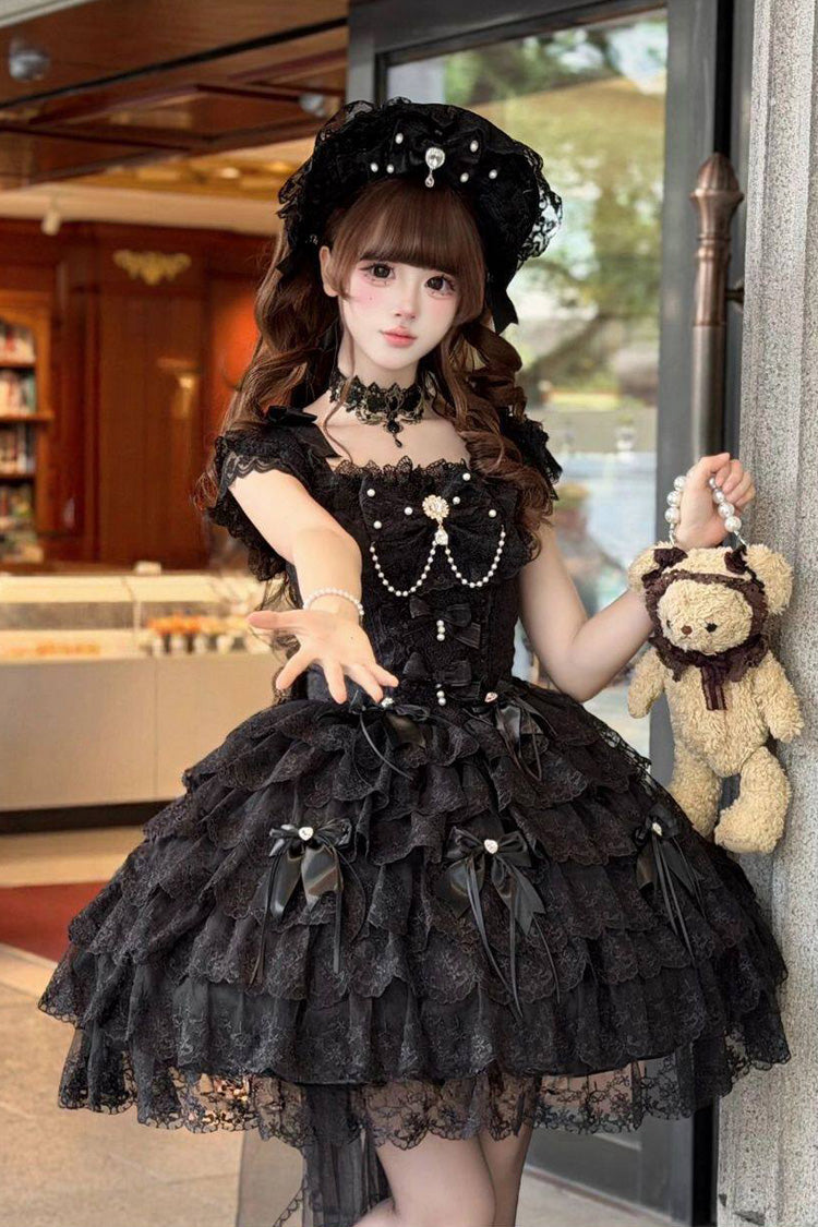 Pearl-Decorated Gothic JSK Dress with Square Collar and Bow in Black