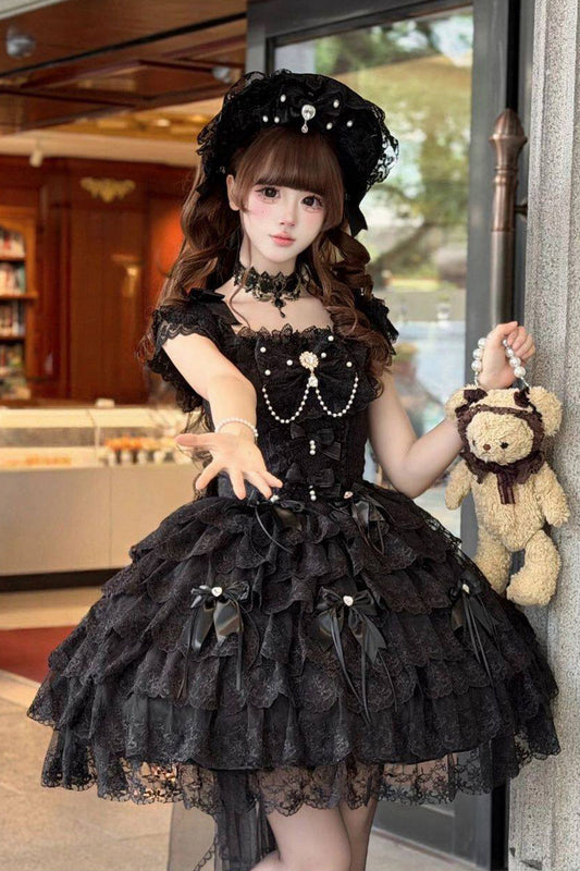 Pearl-Decorated Gothic JSK Dress with Square Collar and Bow in Black