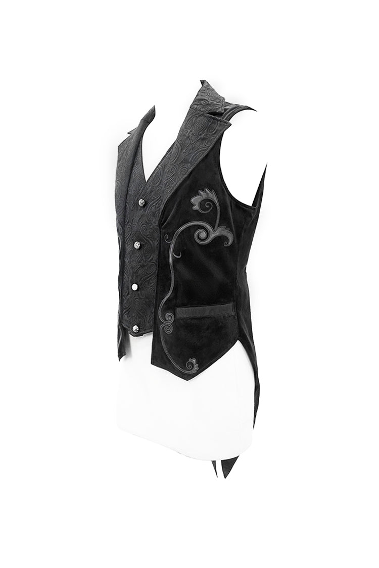Men's Gothic Waistcoat with Leather Embroidery and Swallow Tail Hem