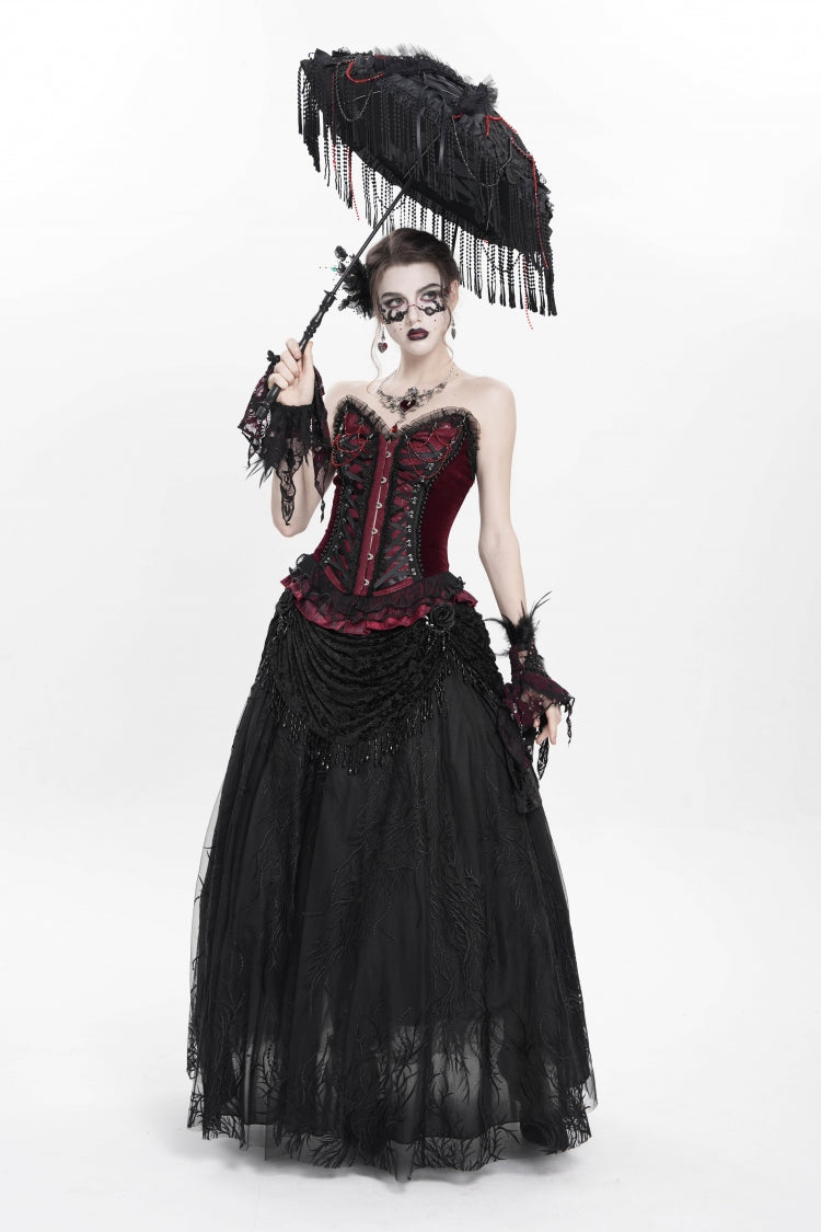 Crimson Gothic Overbust Corset with Beaded Lace and Lace-Up Back