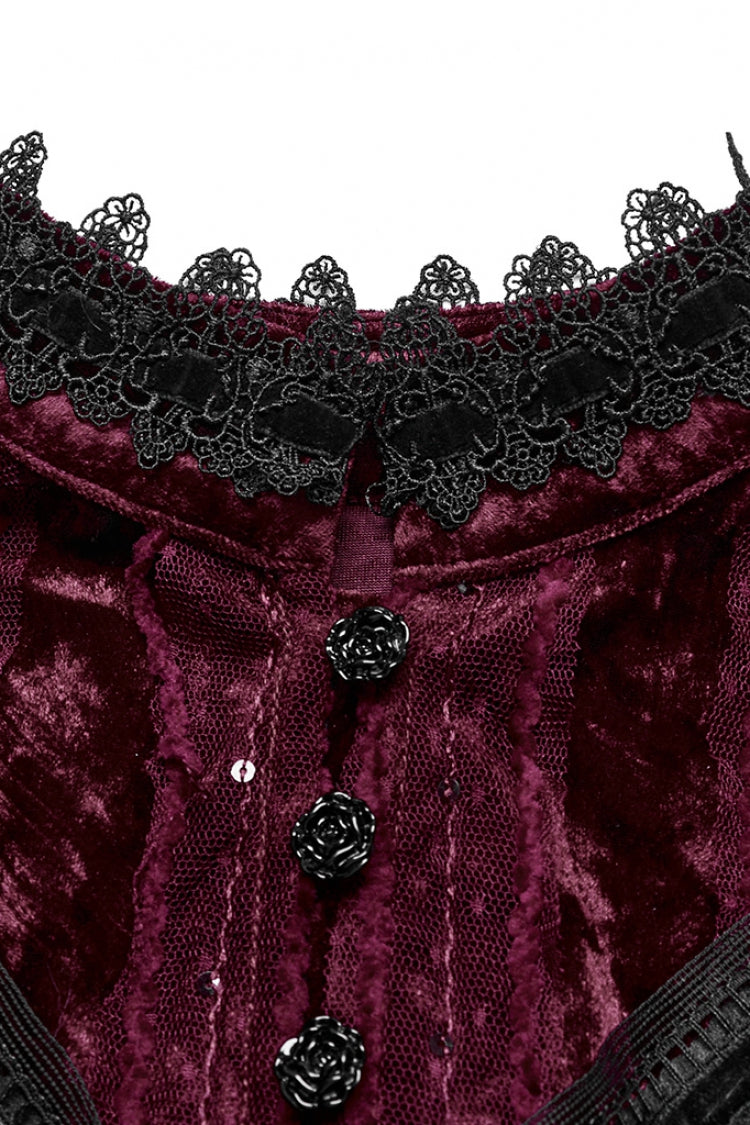 Crimson Sleeveless Gothic Cape with Ruffled Lace Trim