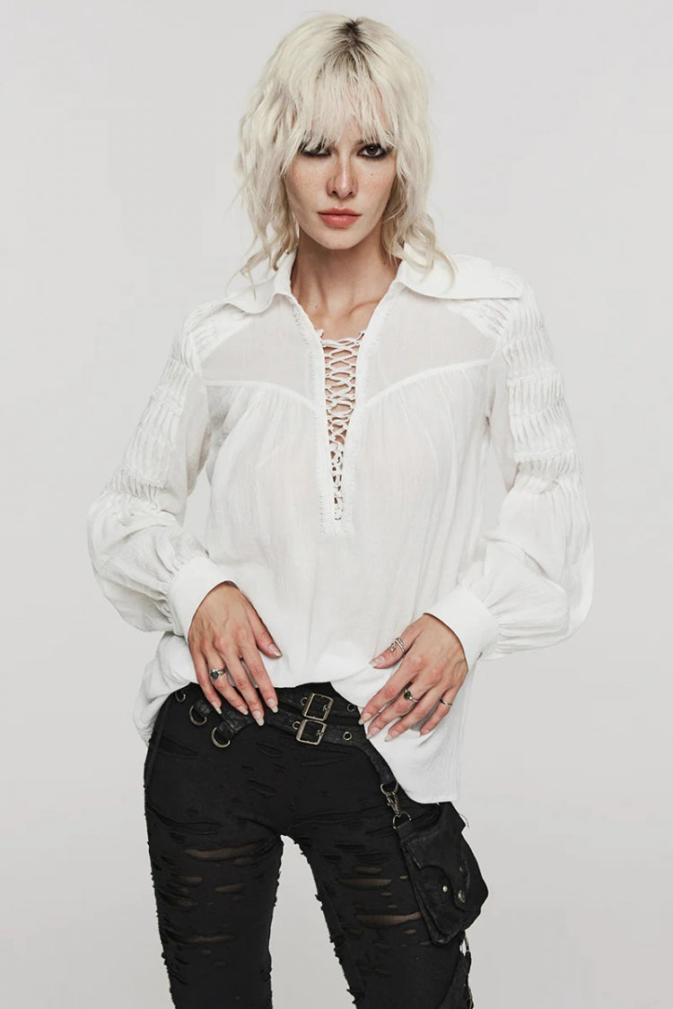 Women's Turn-Down Collar Long Sleeve Lace Ruched Gothic Blouse Two Tones