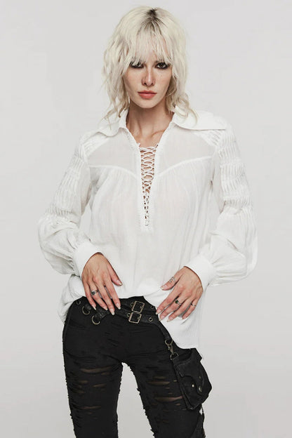 Women's Turn-Down Collar Long Sleeve Lace Ruched Gothic Blouse Two Tones