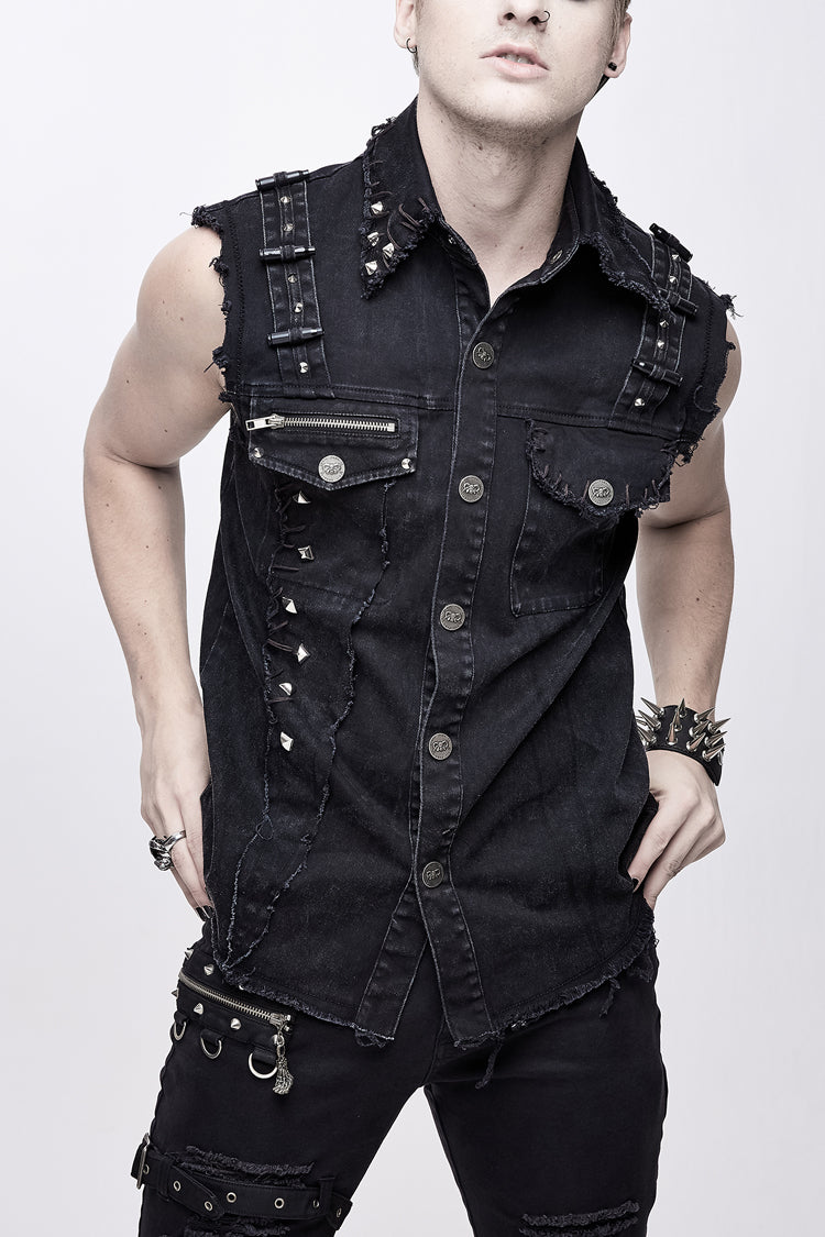 Men's Punk Waistcoat with Faded Finish, Bullet Clip and Rivet Details