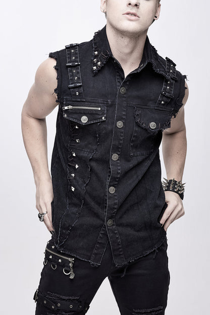 Men's Punk Waistcoat with Faded Finish, Bullet Clip and Rivet Details