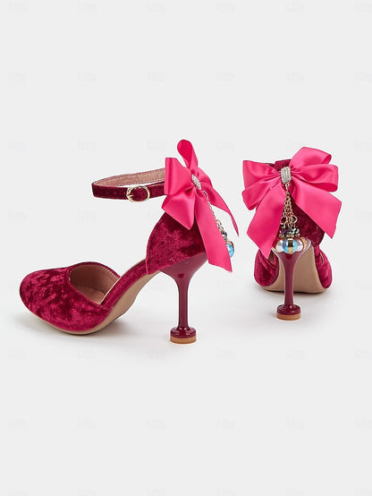 Mary Velvet Heels Burgundy Bow Jane Women's and with Big