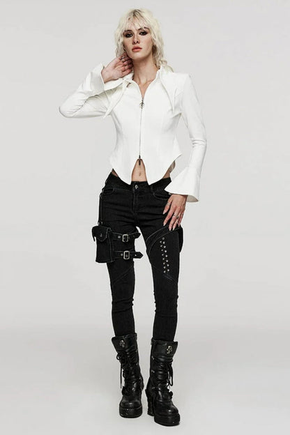 Ivory Bat Collar Long Flared Sleeve Slim Gothic Women's Blouse