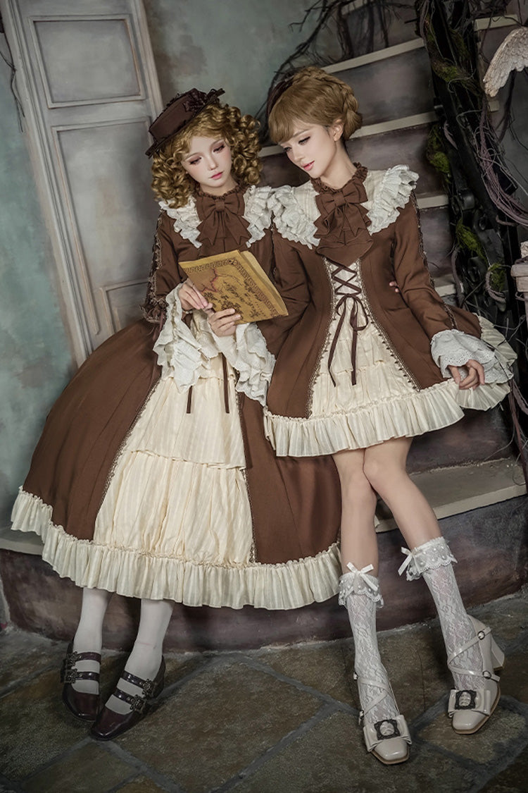 Nutcracker Stand Collar Trumpet Sleeve Lolita Dress Set with Bow - Lace-Up