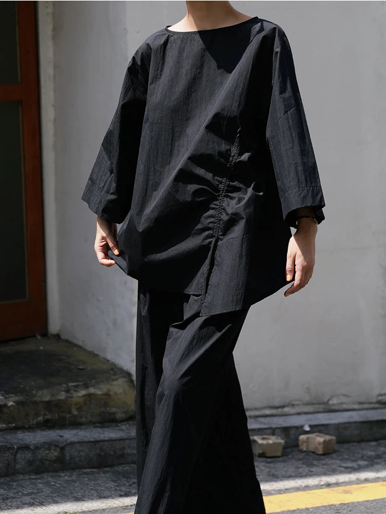 Casual Cotton Top Drawstring Sleeve Khaki Half Asymmetrical