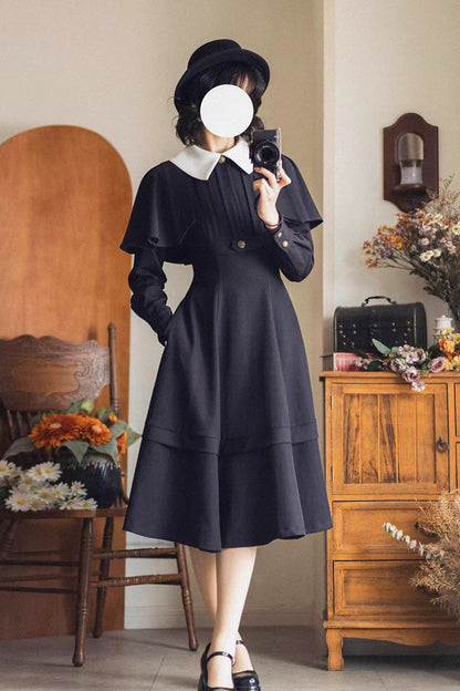 Classic Vintage Lolita Dress with Lapel Collar and Long Sleeves in Black