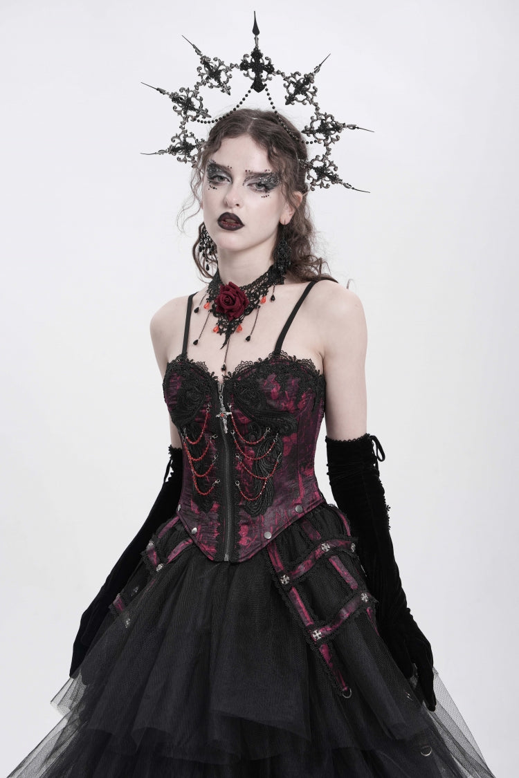 Crimson Gothic Vest with Embroidery Lace and Chain Details