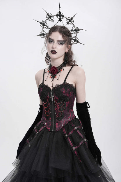 Crimson Gothic Vest with Embroidery Lace and Chain Details
