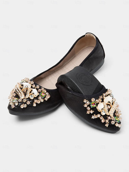 Women's Black Flats Rhinestone with Ballet Foldable