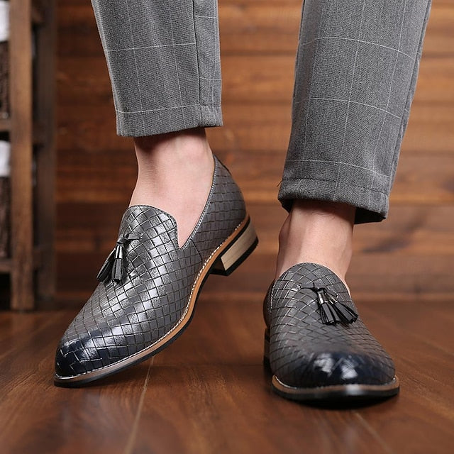 Faux Men's Loafers Woven with Detail Tassel Leather Black