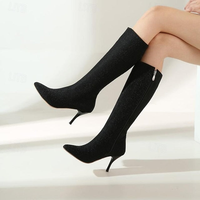 Women's Knee-High Elegant Sparkly Stiletto Boots –