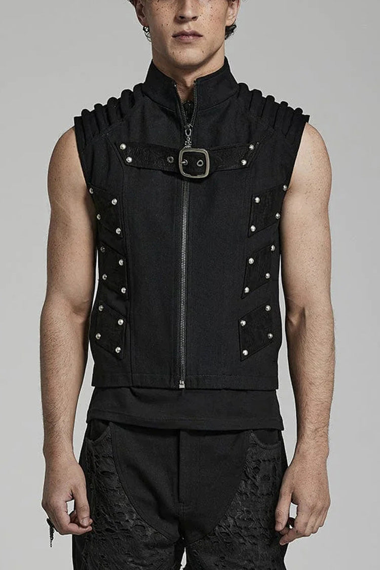 Men's Steampunk Black Vest, Sleeveless with Stitching and Buckle Details