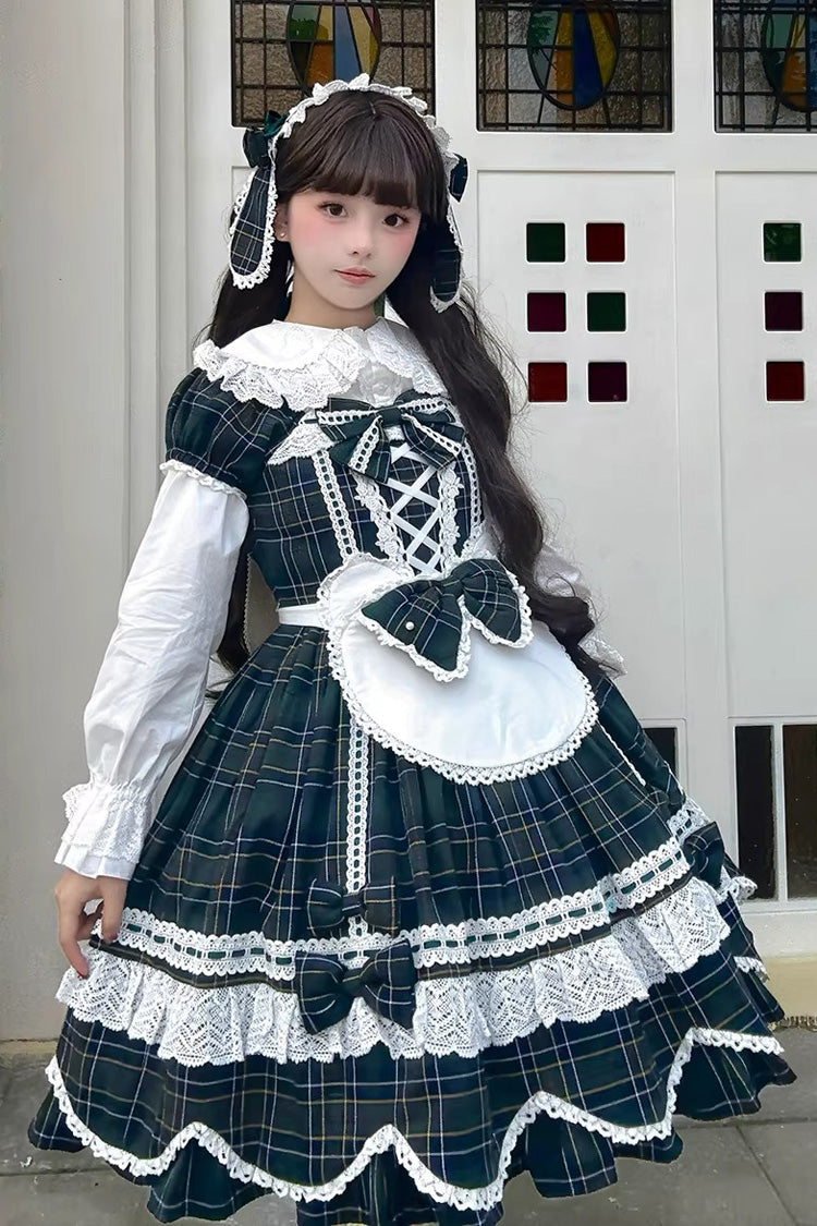 Emerald Gingham Petal Bunny Short-Sleeve Ruffled Bow OP Dress
