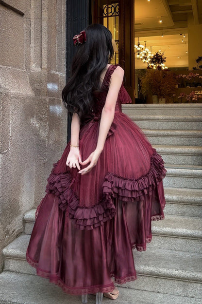 Crimson Square-Neck Sleeveless Princess Lolita JSK with Ruffles and Bow
