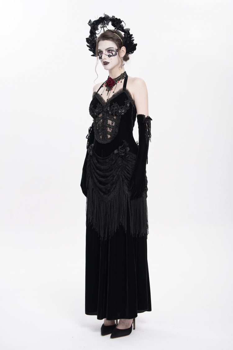 No-Sleeve Floral Lace-Up Pleated Gothic Maxi Gown