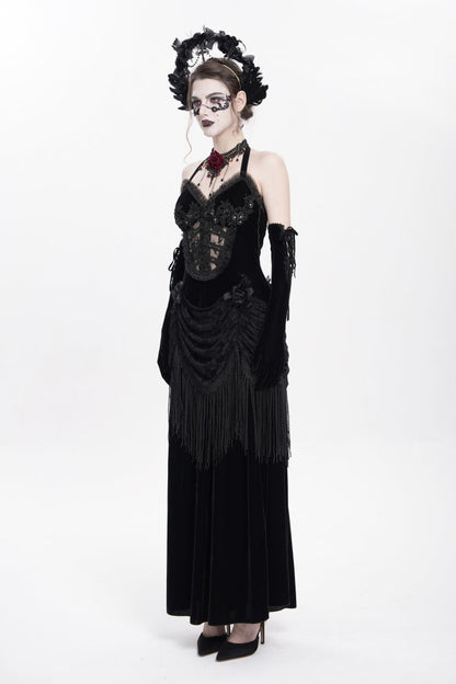 No-Sleeve Floral Lace-Up Pleated Gothic Maxi Gown